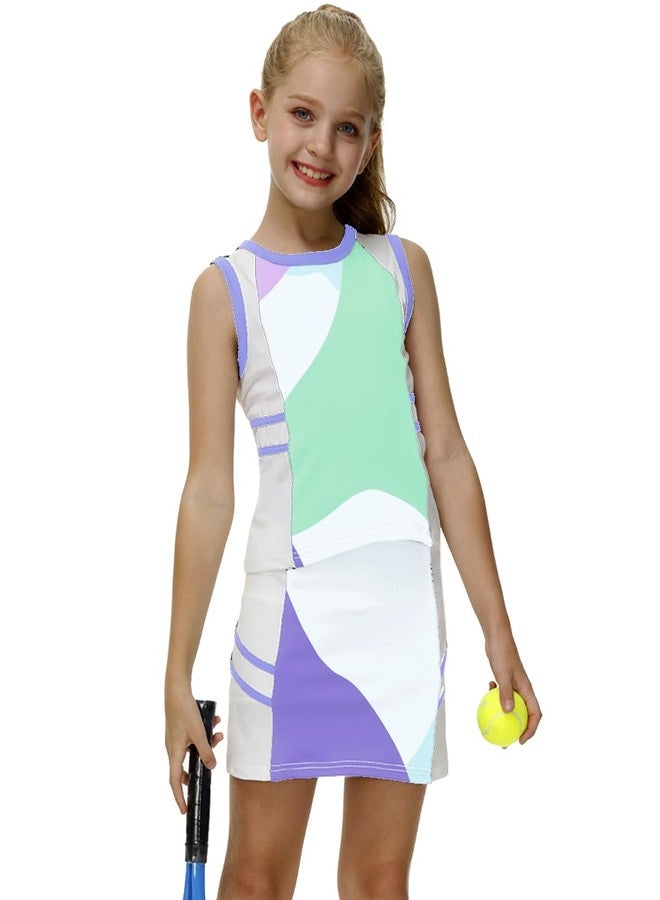 AOBUTE Kids Tennis Clothes Girls 2 Piece Athletic Set Girl Golf Outfit Dresses Lavender Blue 8-9 Years - Image 1